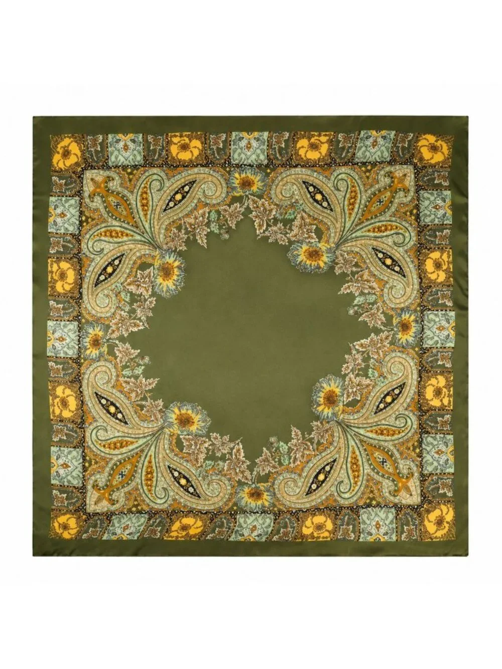Olive Green Satin Paisley Wild Rag Scarf 35x35 Western Cowgirl